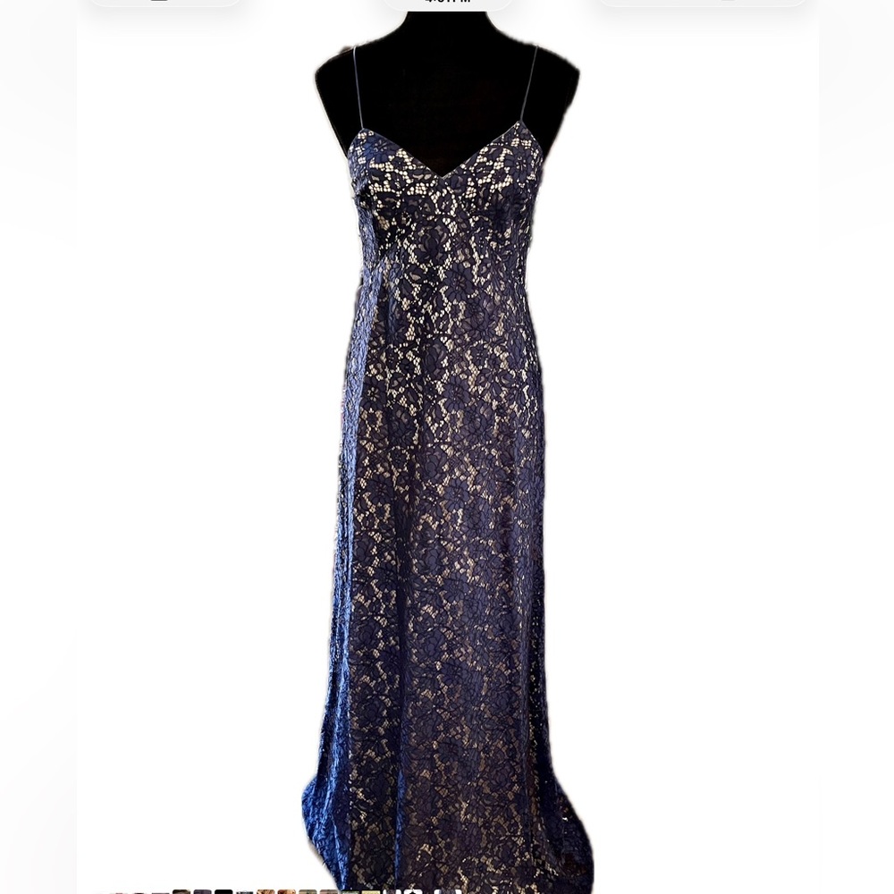 Navy Lace Slip Maxi Dress with Spaghetti Straps